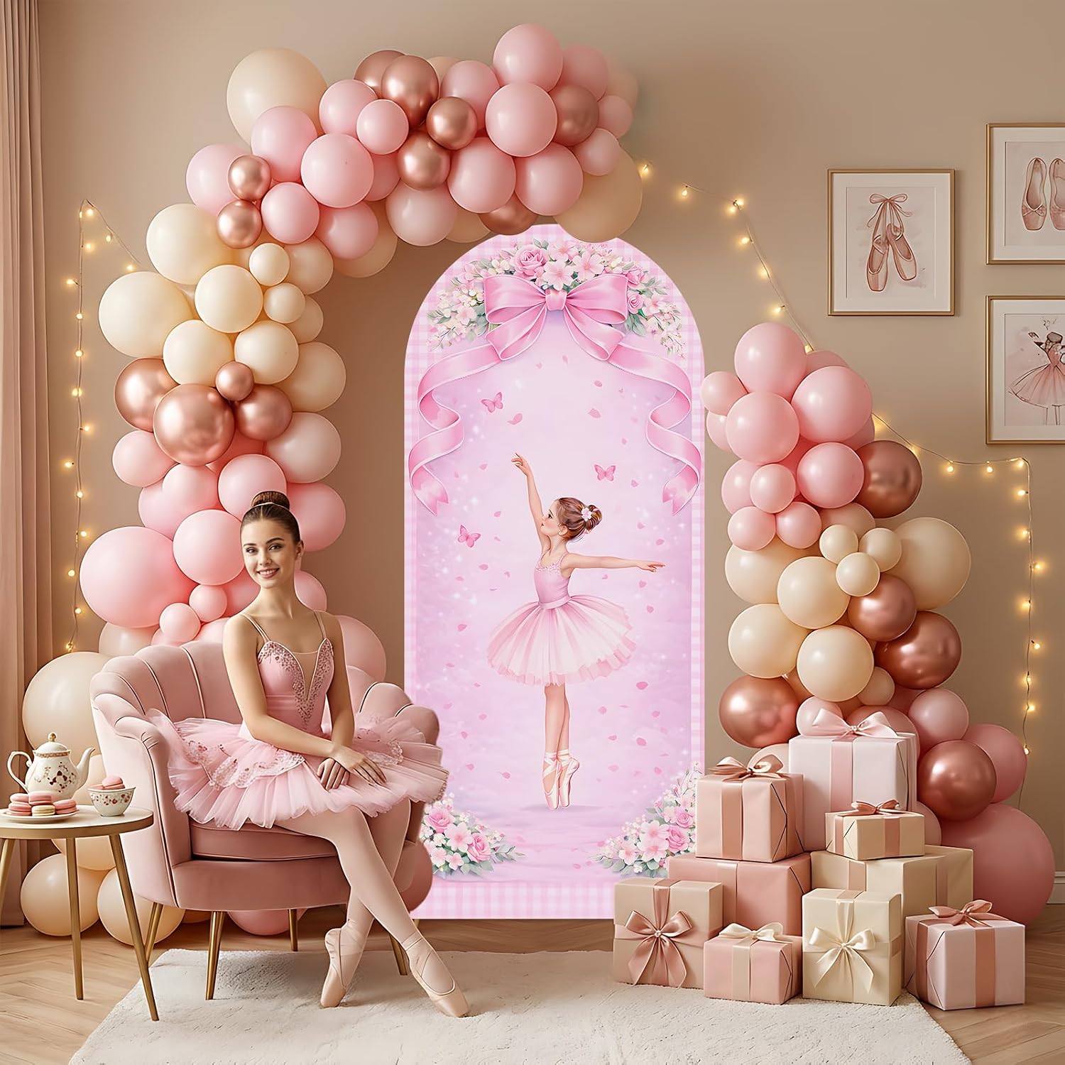 Dessert Table Backdrop - Maßgefertigter 2-seitiger Ballerina-Bogen-Hintergrund für Geburtstagsfeier-Dekoration, Rosa