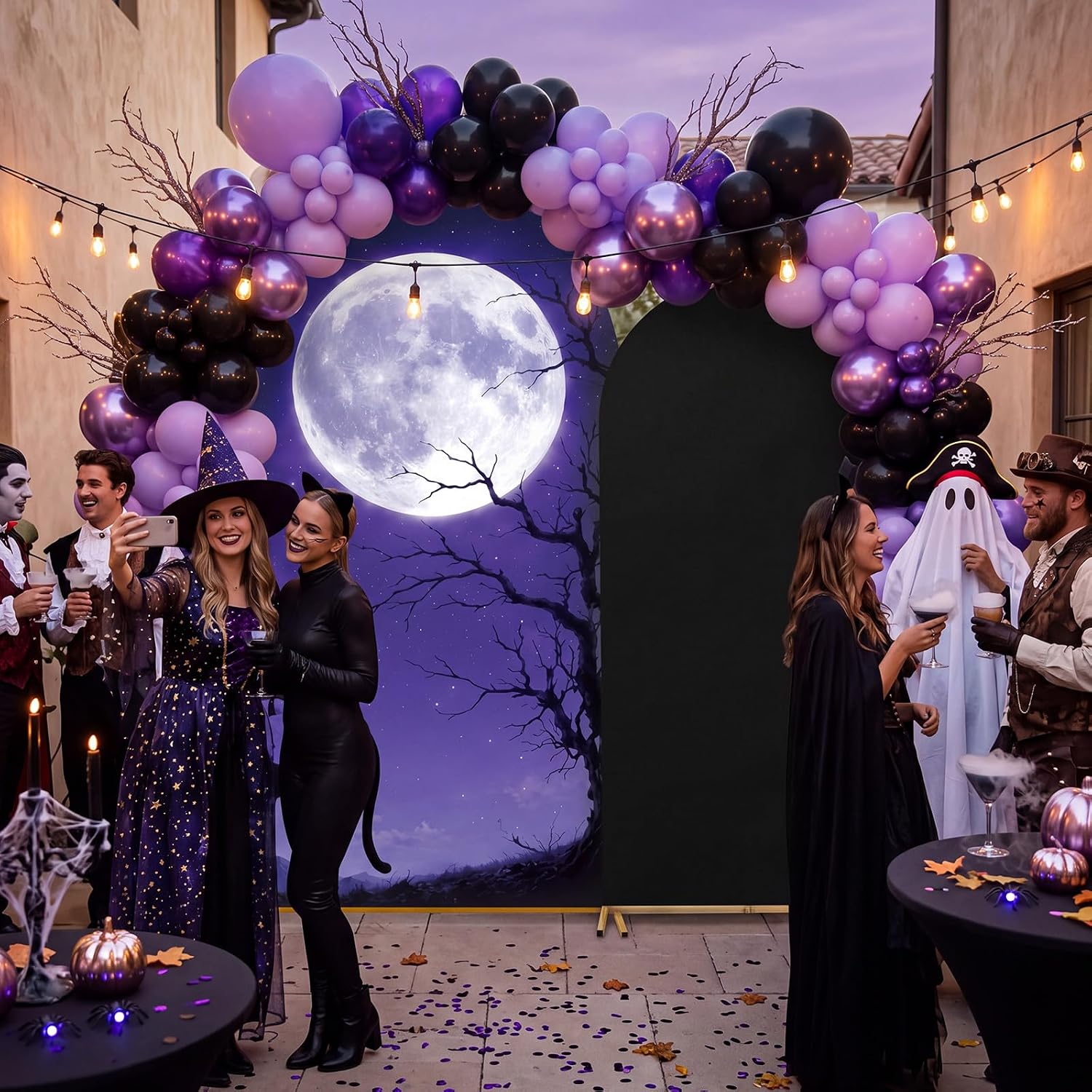 Dessert Table Backdrop - Maßgefertigter 2-seitiger Halloween-Feiertags-Familienparty-Banner-Bogen-Hintergrundbezug Lila Mondnacht Halloween-Desserttisch-Hintergrund